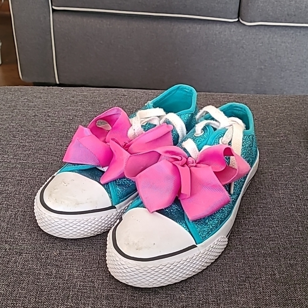 JoJo Siwa turquoise glitter shoes with pink bow sz 2 - Picture 1 of 5